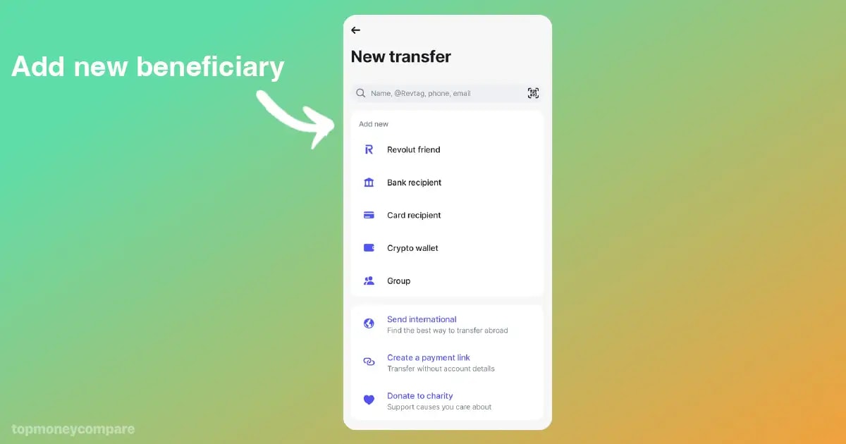 Adding a new beneficiary on Revolut's app