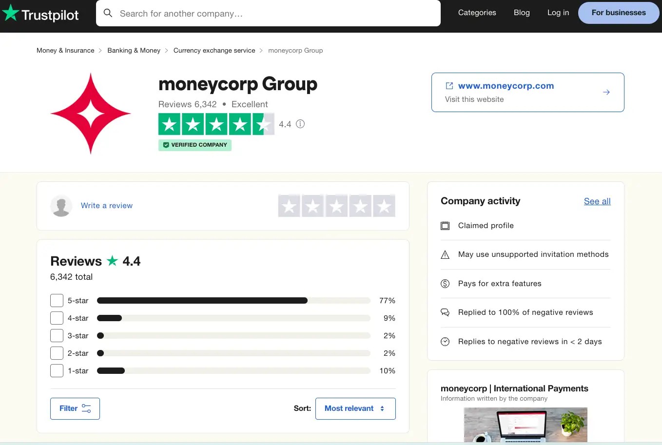 moneycorp listing on TrustPilot