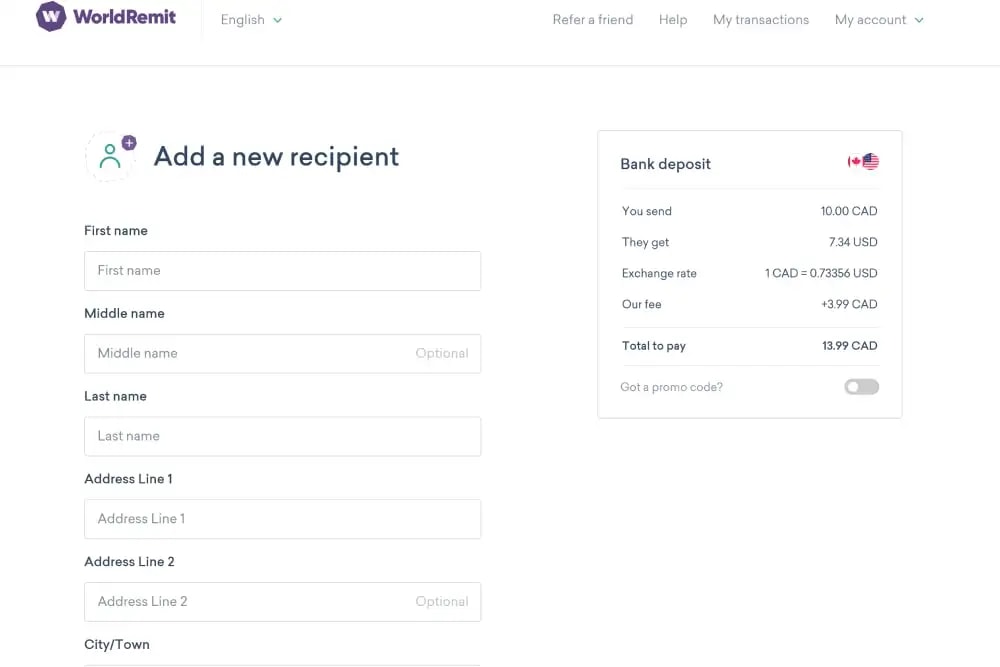 'Add a recipient' page on WorldRemit's website