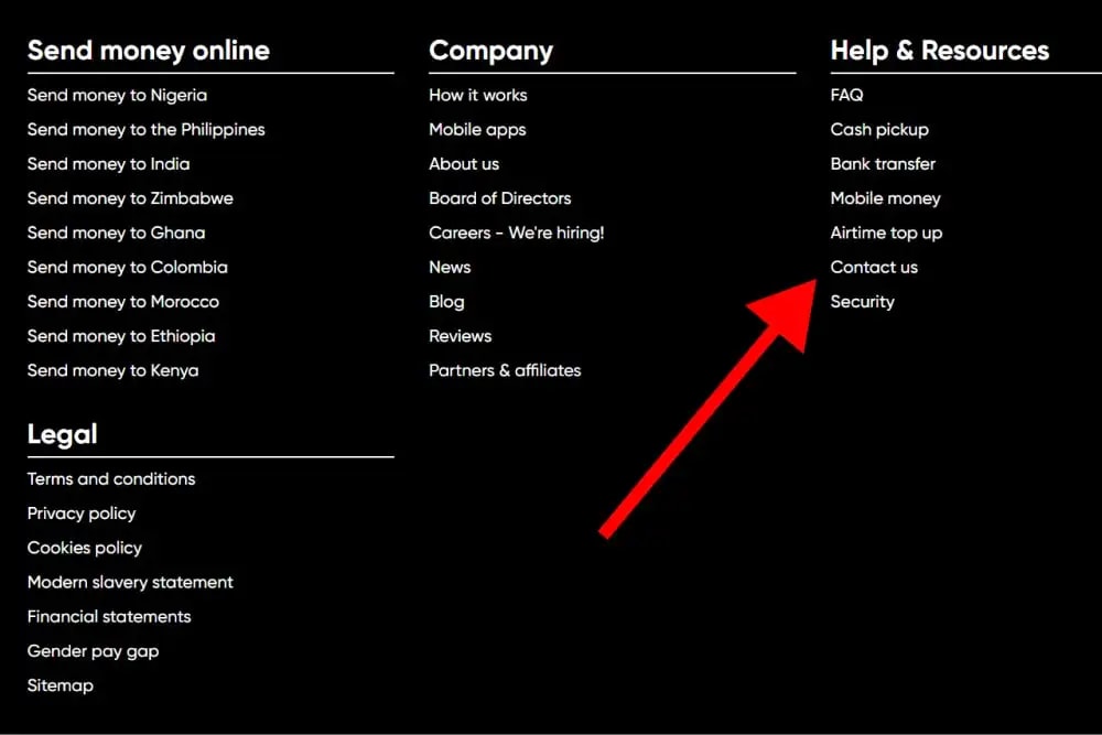 How to find WorldRemit's 'Contact us' page