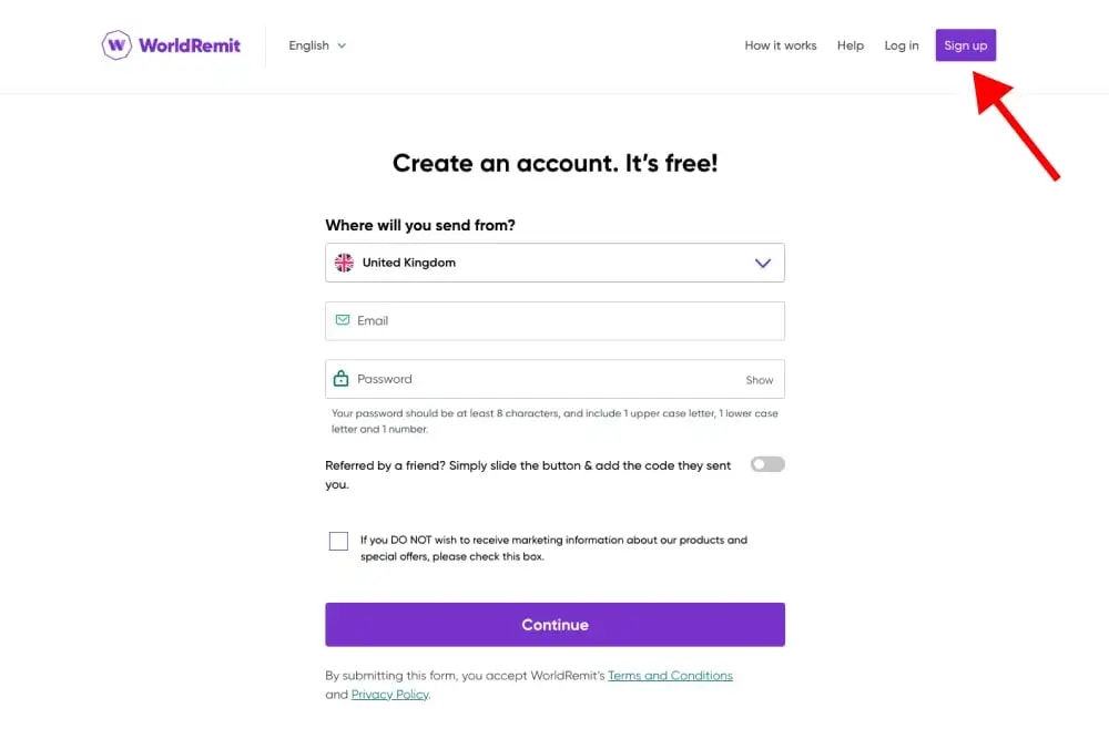 The 'create an account' page on WorldRemit's website