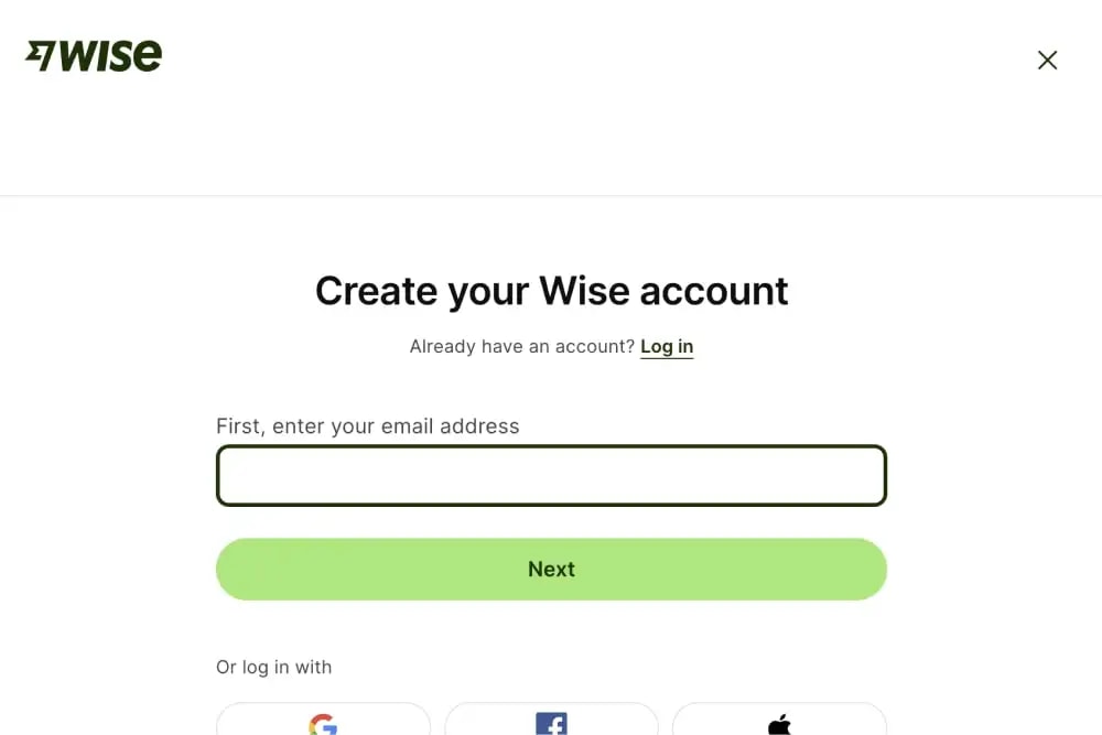 'Create an account' page on Wise's website