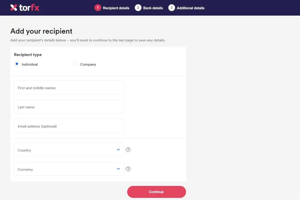 'Add a recipient' page on TorFX's website