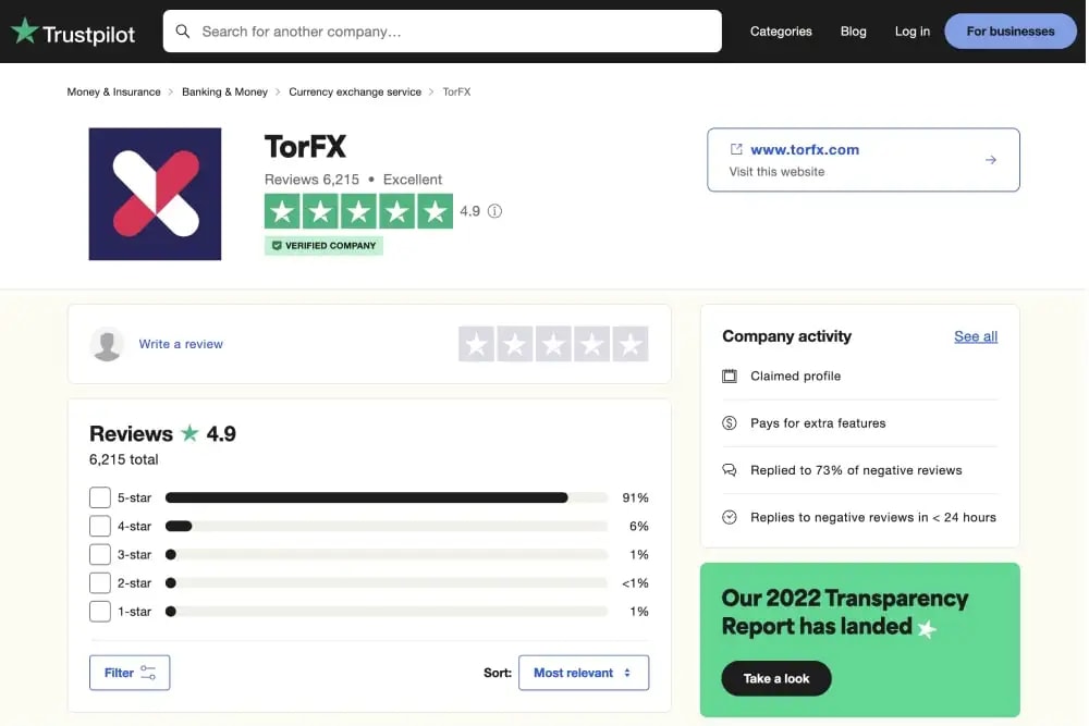 TorFX's Trustpilot page