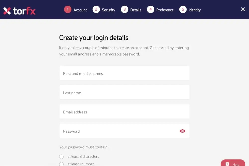 'Create an account' page on TorFX's website