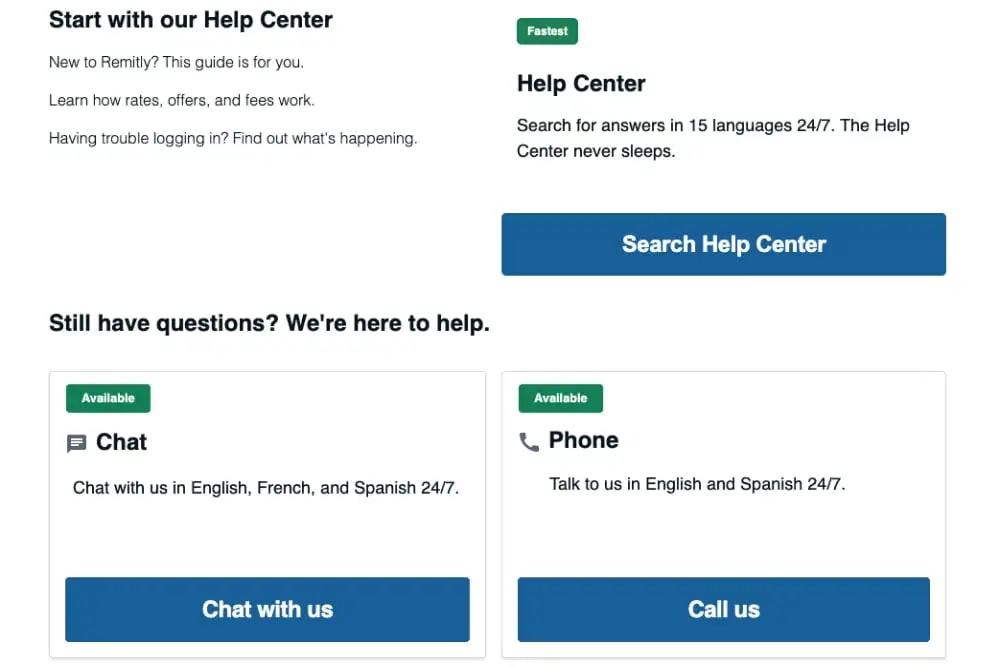 Remitly's 'contact' page on their website