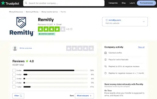 Remitly reviews on Trust Pilot