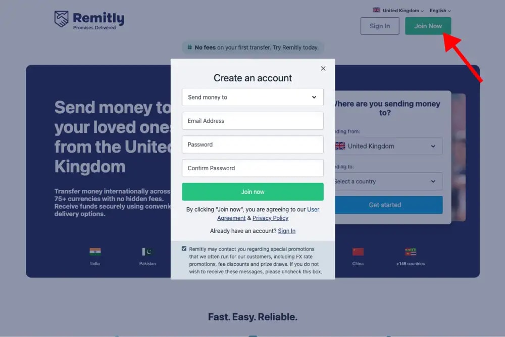 'Create an account' on Remitly's website