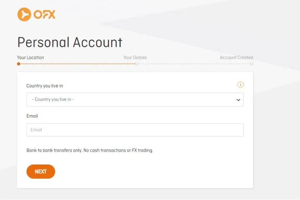 The 'register an account' page on OFX's website