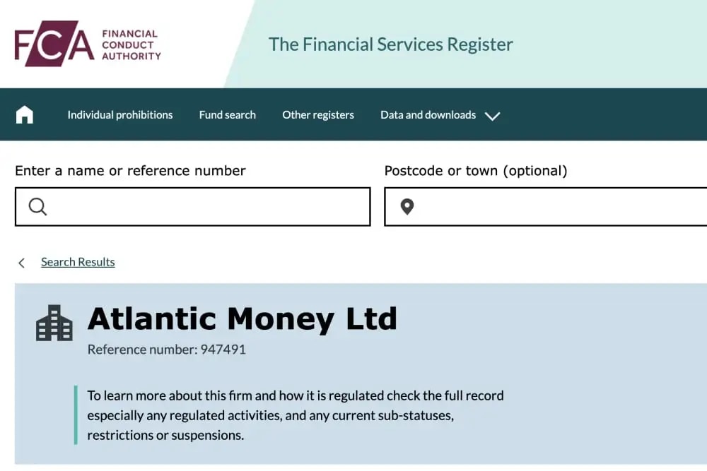 Atlantic Money on the FCA register