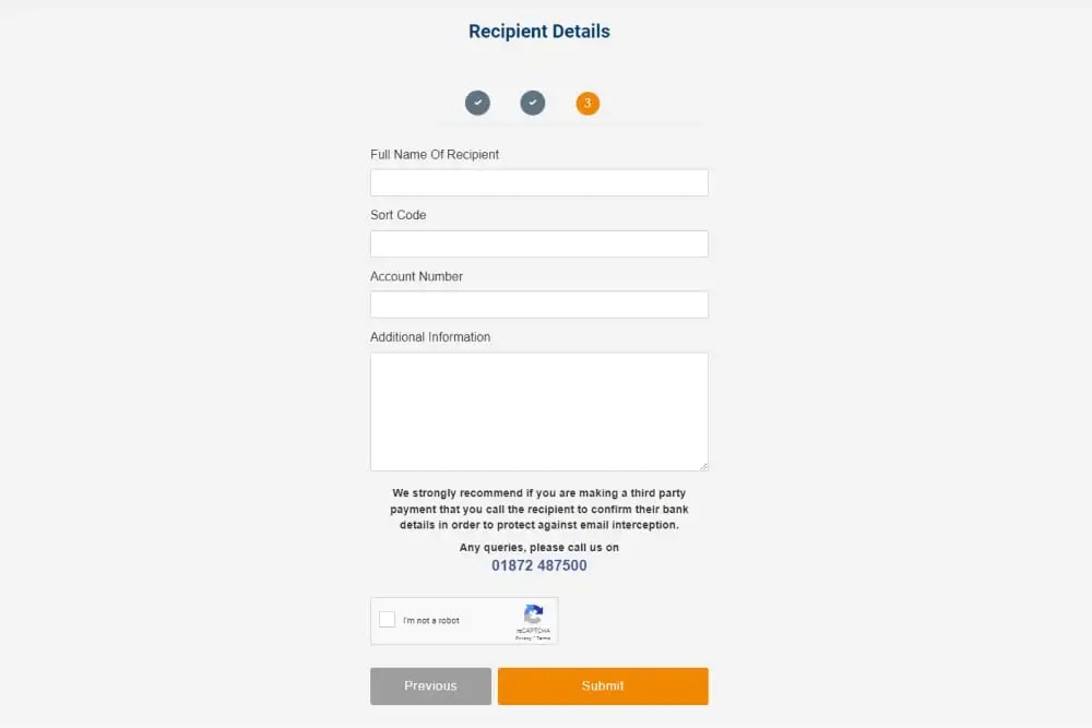 'Add recipient' page from Key Currency's website