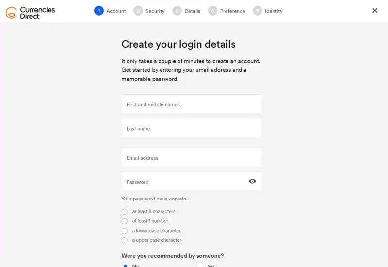 Create your login details with Currencies Direct