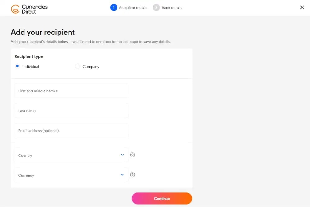 The 'add your recipient' page on Currencies Direct website.